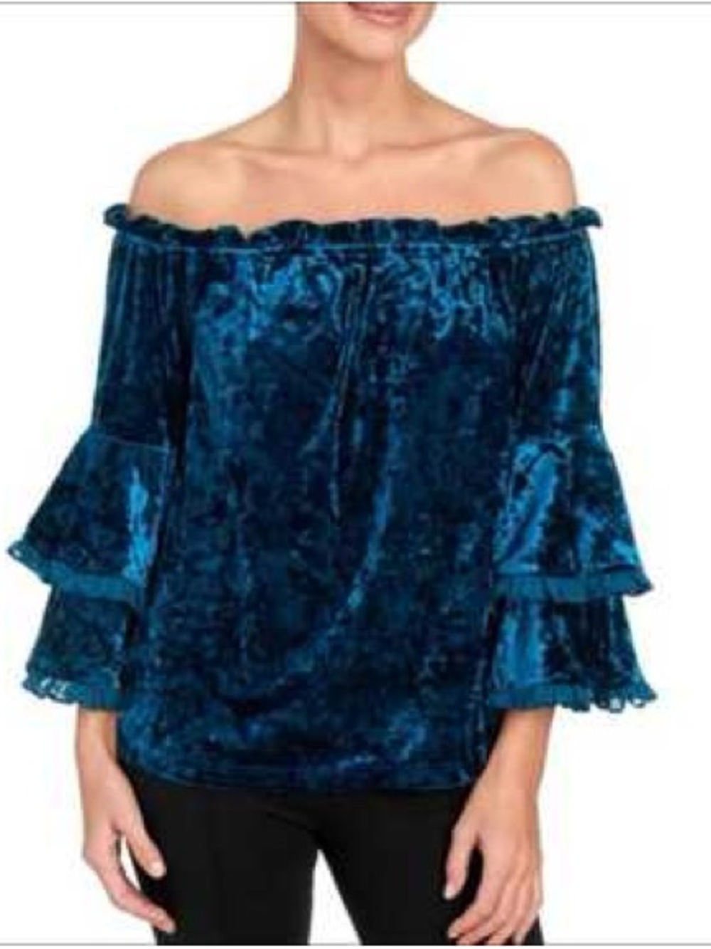 Beige by Eci blue velvet off the shoulder blouse
Ruffle Sleeve Top - Teal Blue